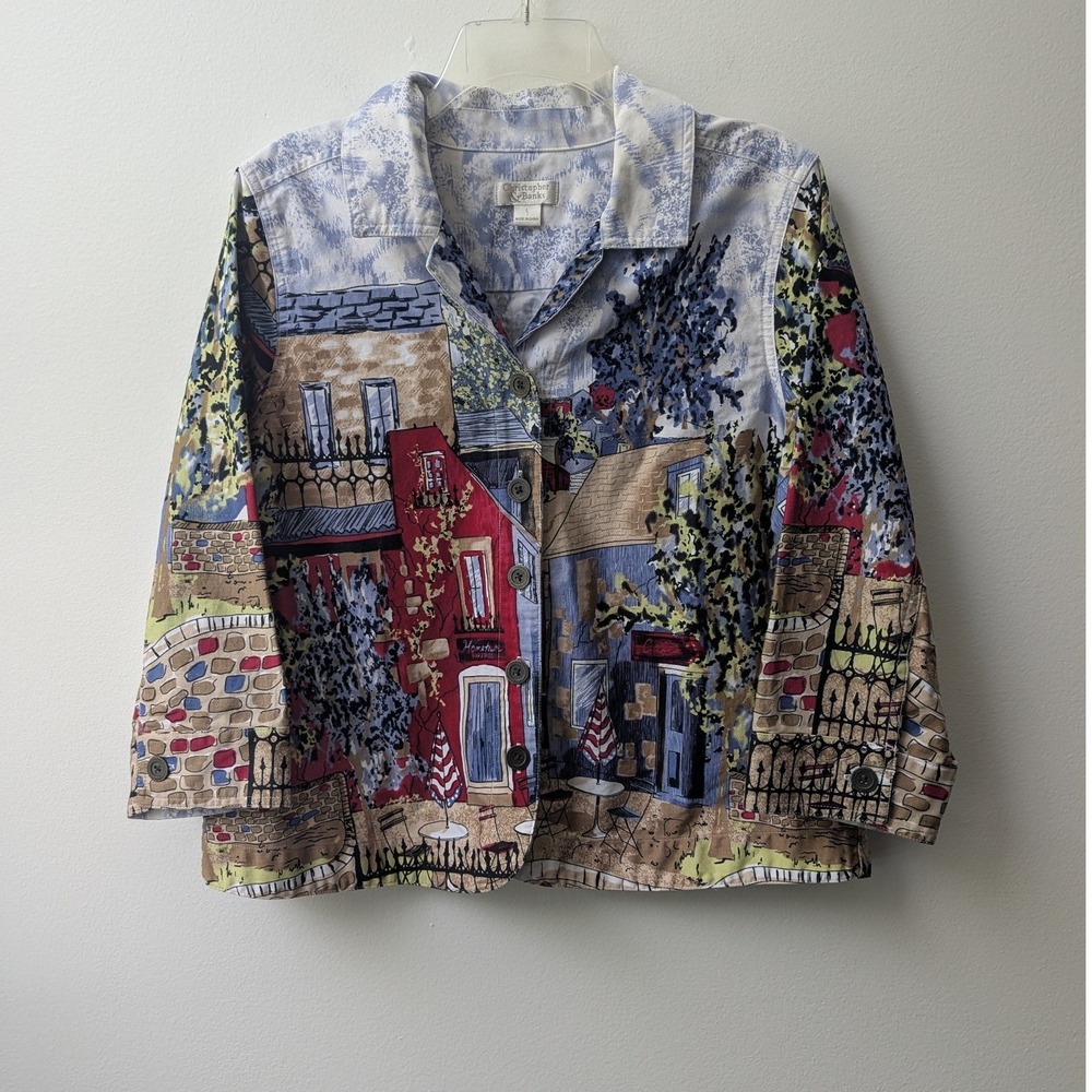 Vtg Shacket Multicolor Village Novelty Print Sz L Lightweight Art to Wear